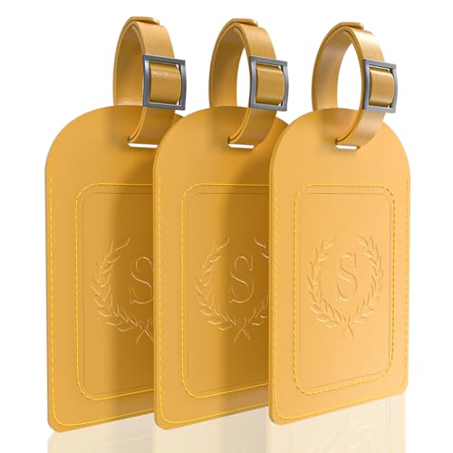 Alphabet Luggage Tags, 3 Pack Yellow Initial Bag Tags with Privacy Cover & Replaceable ID Card, Faux Leather Suitcase Tags for Travel, Flights & Cruises - style: Letter S