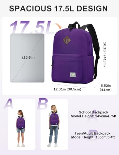 VASCHY Lightweight Backpack for School, Classic Basic Water Resistant Casual Daypack for Travel with Bottle Side Pockets (Purple) - color: Purple