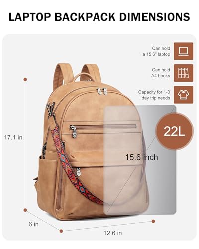 FADEON 15.6 inch Laptop Backpack Purse for Women Designer PU Leather Computer Backpacks Fashion for Work Travel Camel Brown - color: Camel Brown Retro Style