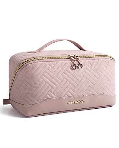 BAGSMART Makeup Bag Cosmetic Bag, Travel Makeup Bag,Water-resistent Makeup Bags for Women Portable Pouch Open Flat Make Up Organizer Bag for Toiletries, Brushes, Pink - color: Pink