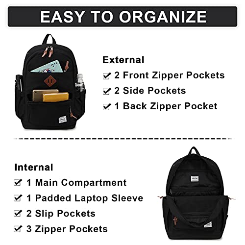 RAVUO School Backpack for Men Women, Water Resistant 15.6 inch Laptop Bag College Bookbag Casual Daypack Travel Rucksack - color: Black