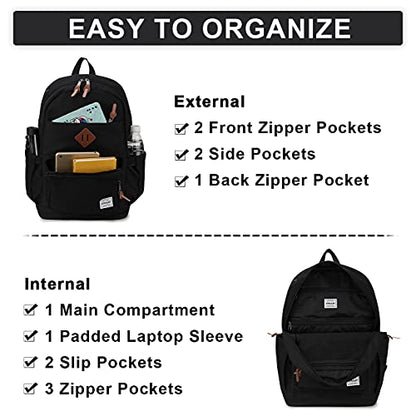 RAVUO School Backpack for Men Women, Water Resistant 15.6 inch Laptop Bag College Bookbag Casual Daypack Travel Rucksack - color: Black