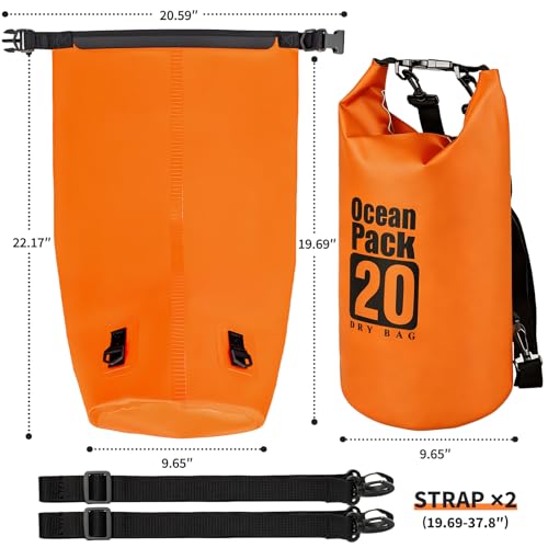 Waterproof Dry Bag, 20L Water Proof Backpack, Roll Top Closure Dry Bag Orange, Heavy Duty Floating Pouch for Kayaking Boating, Durable Hiking Backpack with IPX8 Waterproof Phone Case-Black, 7" - color: Orange dry bag 20L + Phone pouch 7"