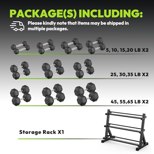HANDBODE 3-Tier Dumbbell Rack Stand, 1000LB Capacity Storage Rack, Weight Rack for Dumbbells, Kettlebell, 390–700 lb Rubber Coated Fixed Weight Sets, Home Gym Strength Training Equipment - color: 610 lb Set (5-65 lb) *2 & Rack