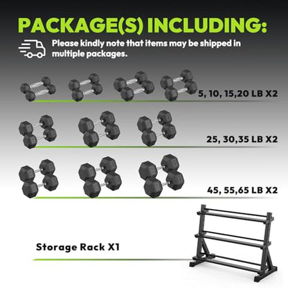 HANDBODE 3-Tier Dumbbell Rack Stand, 1000LB Capacity Storage Rack, Weight Rack for Dumbbells, Kettlebell, 390–700 lb Rubber Coated Fixed Weight Sets, Home Gym Strength Training Equipment - color: 610 lb Set (5-65 lb) *2 & Rack