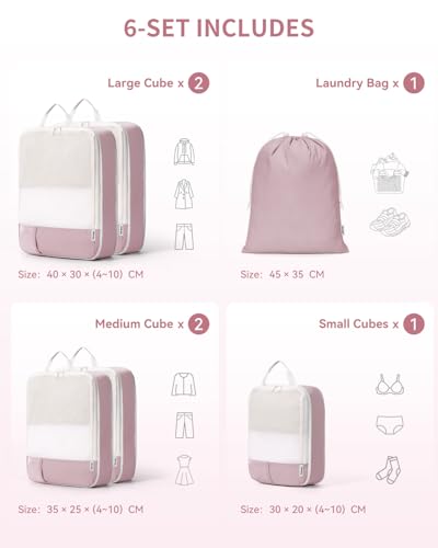 Narwey 6 Set Compression Packing Cubes for Travel Kids Women, Lightweight Packing Organizers Bag for Carry on Luggage Suitcase Duffle Bags (Pink) - color: Pink