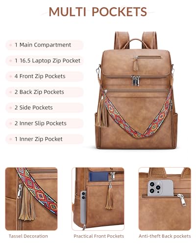 SYTRAH Leather Laptop Backpack for Women Designer Laptop Bag, 16.5 inch Travel Computer Backpacks Purse with Tassel for Work Business with Satchel Purse Brown - color: Brown