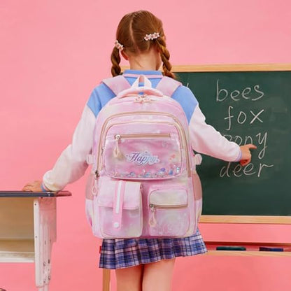 MCWTH Backpack for Teen Girls, Kawaii Cute Kids Elementary Student School Backpacks (Happy Pink) - color: Happy Pink