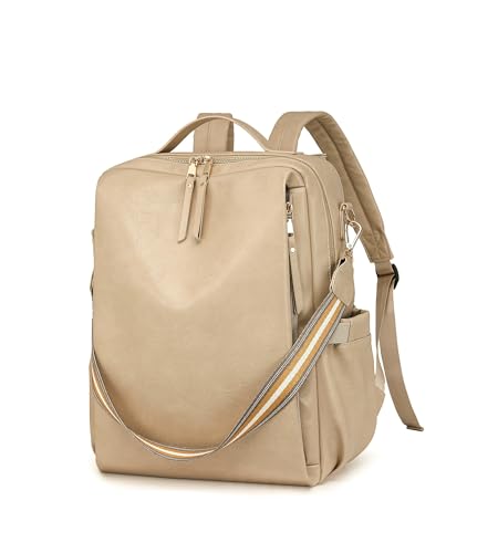 myfriday PU Leather Large Backpack Purse for Women Casual Travel Backpack Convertible Satchel Handbags With Luggage Strap (Biege) - color: Biege