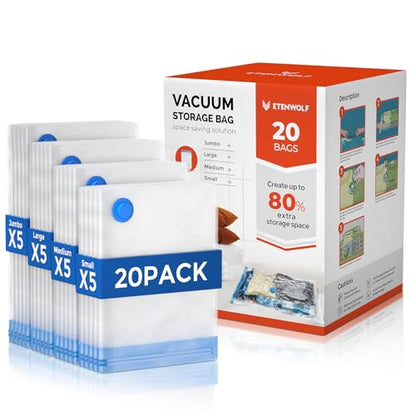 ETENWOLF Vacuum Storage Bags for Travel, Vacuum Seal Bags for Clothes and Travel, Space Saver Bags in Multiple Carry-On Sizes, Perfect for Luggage and Suitcases, 20 Combo - size: 20 Combo Size