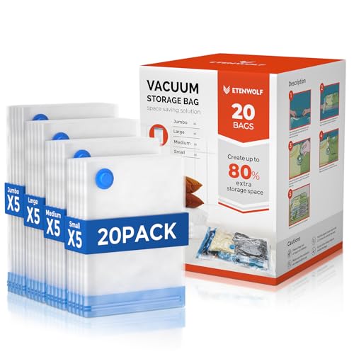 ETENWOLF Vacuum Storage Bags for Travel, Vacuum Seal Bags for Clothes and Travel, Space Saver Bags in Multiple Carry-On Sizes, Perfect for Luggage and Suitcases, 20 Combo - size: 20 Combo Size