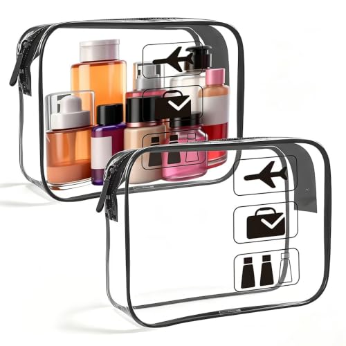 Clear Toiletry Bag, 2 Pack TSA Approved Travel Toiletry Bag Carry on Travel Accessories Bag for Women Men, Carry on Airport Airline Cosmetic Bag (Black-2pc) - color: Black-2pc
