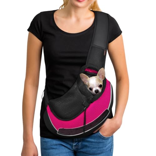 YUDODO Pet Sling Carrier for 2-5 lbs Small Dogs & Cats – Hands-Free Puppy Carrier with Safety Hook, Large Zipper Pocket, Soft Breathable Mesh, Adjustable Strap & Reflective Strip (Pink 3.0 S) - color: Pink 3.0 Max (Bottom Support), size: Small (2-4.5lbs)