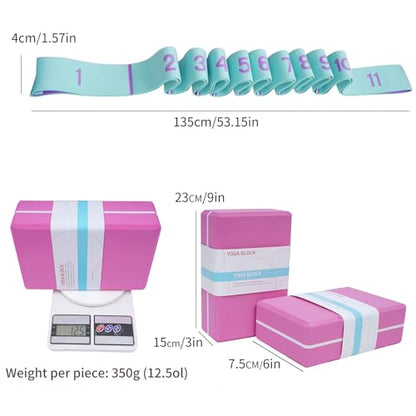 2 Pack Yoga Blocks 350g High Density, Non-Slip EVA Foam Brick with Bonus 11 loops Yoga Strap & Carry Bag, Pilates Block Set for Balance, Flexibility, Meditation, Home Gym & Studio - color: Pink Brick & Blue Band
