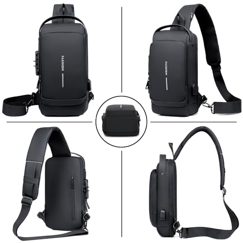 Sling Bag for Men Anti-theft USB Crossbody Shoulder Backpack Purse Waterproof PU Leather Chest Bag Travel Daily Use - color: Black