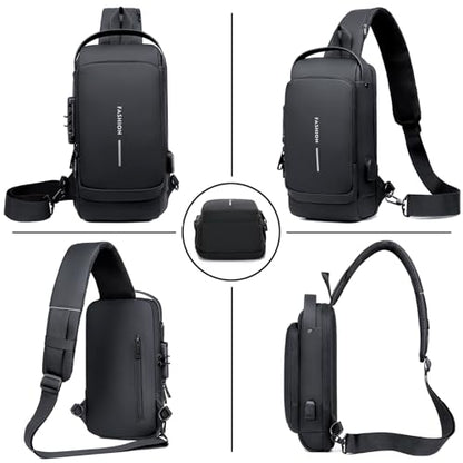 Sling Bag for Men Anti-theft USB Crossbody Shoulder Backpack Purse Waterproof PU Leather Chest Bag Travel Daily Use - color: Black