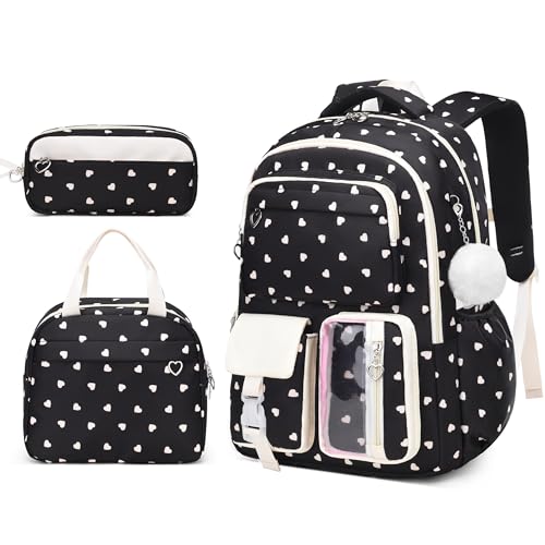 3PCS Kids Backpack Set, School Backpack with Lunch Bag & Pencil Case, Lightweight Waterproof Bookbag for Kids (Black Heart) - color: Black Heart
