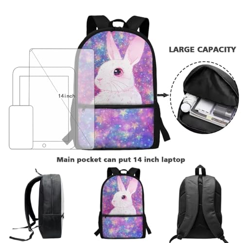 ZDCUSTOM Kids School Backpack Set 5 Pieces, Bunny Bookbag for Boys Schoolbags with Lunch Box, Pencil Bag, Cup Sleeve, Keychain, Schoolbags with Side Pockets, Back to School Supplies for Girls - color: Bunny