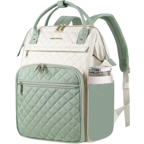 EMPSIGN 17 Inch Laptop Backpack for Women, Work Business Travel Computer College Bags, Large Capacity Water-repellent Quilted Casual Daypack, Beige-Light Green - color: Beige/Light Green, size: 17 inch