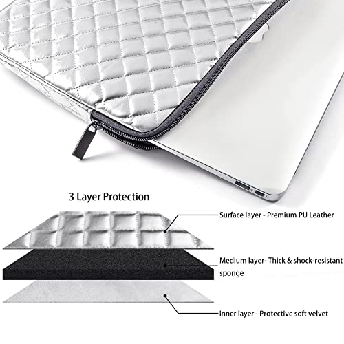 Puffy Laptop Sleeve 11 12 13 13.3 14 15 15.6 inch Case Protective Bag Quilted PU Leather Smooth Zipper Velvet Lined Padded Holder with Pocket - color: Silver Quilted, size: 13-13.3 Inch