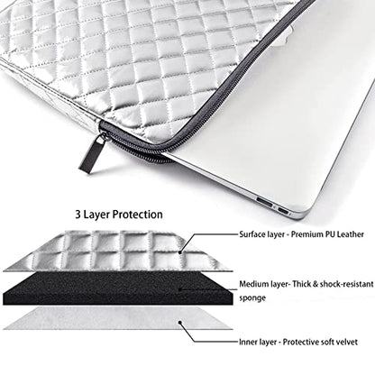Puffy Laptop Sleeve 11 12 13 13.3 14 15 15.6 inch Case Protective Bag Quilted PU Leather Smooth Zipper Velvet Lined Padded Holder with Pocket - color: Silver Quilted, size: 13-13.3 Inch