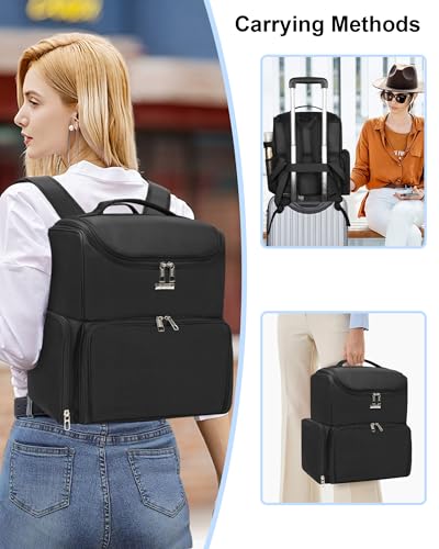Relavel Makeup Backpack Large Bag with 5 Clear Set Bags, Dual Layer Professional Cosmetic Organizer Travel Train Case Makeup Artist Kit with Adjustable Dividers & Easy to Clean Lining, Black - color: Black with 2 extra clear bags, size: Large