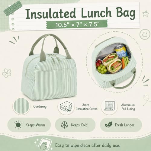 BTOOP School Backpacks for Teen Girls Bookbags Lightweight Kids Backpack School Bags Set with Lunch Box Pencil Case - color: Green White Stripe