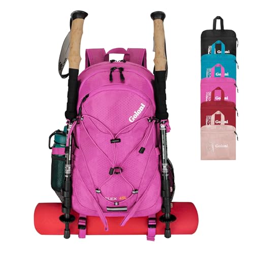 Goloni 45L Hiking Backpack Lightweight Foldable, Waterproof Camping Backpack with Rain Cover & Hiking Pole Mat Carrying System, Ergonomic Water Resistant Daypack for Trekking Travel Men Women Rose - color: Rose