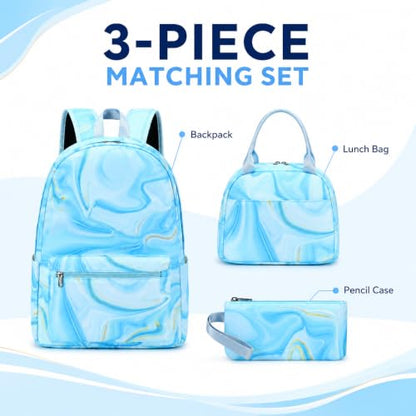 LOIDOU Backpack for Teen Girls Bookbags School Backpack with Lunch Box and Pencil Case 3 in 1 School Bags Set - color: Marble Blue
