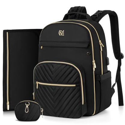 MOMUVO Diaper Bag Backpack, Quilted Baby Bag with Changing Pad & Stroller Straps & Pacifier Case, Large Travel Diaper Bags for Mom Dad, Black - color: Black