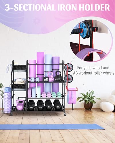 Mythinglogic Weight Rack for Dumbbells, Home Gym Storage for Yoga Mat Dumbbells Kettlebells and Strength Training Equipment, Dumbbell Rack with Wheels and Hanging Hooks - color: Black