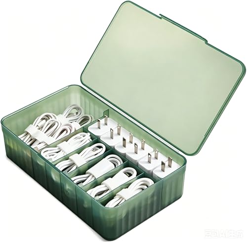 RayHenry Cable Organizer Box with Lid, Charger Organizer Box with Compartments, Cord Storage Box for Desk, Travel, Office, Cable Storage Box for Electronics Accessories (Dark Green)