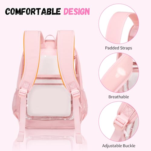 Sisipoet Clear Backpack for School, Heavy Duty Clear Bookbag for Girls Wome Large Transparent Backpack with Oxford Fabric Side Panels 17 Inch, Pink - color: Pink