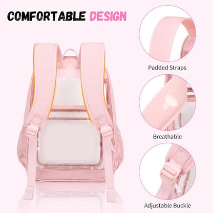 Sisipoet Clear Backpack for School, Heavy Duty Clear Bookbag for Girls Wome Large Transparent Backpack with Oxford Fabric Side Panels 17 Inch, Pink - color: Pink