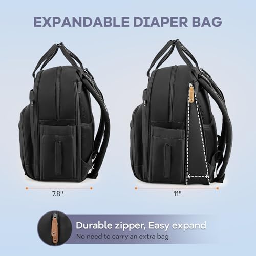 RUVALINO Diaper Bag Backpack-Expandable Baby Bag with up to 50% Capacity -Baby Essentials Bag with Changing Pad Insulated Bottle Holders & Pacifier Case, Waterproof, Black XL - color: Black