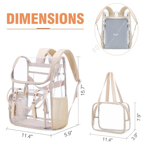 DIGOBAY Clear Backpack with Lunch Bag Set, Leather Clear Backpack Heavy Duty Thick PVC Bookbag Large See Through Transparent Backpacks with Support Pad for College Travel Workplace Security Khaki - color: Khaki