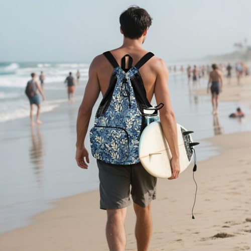 Yuiboo Blue Leaf Women Mens Drawstring Backpack Sport Gym Sackpack with Water Bottle Holder String Bag for School Wet and Dry Separation