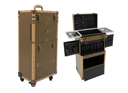 Cosmetic Train Case,Rolling Makeup Train Case,Travel Stylist Case Lockable Hairdressing Trolley,Professional Makeup Case for Make-up Artists - color: Gold