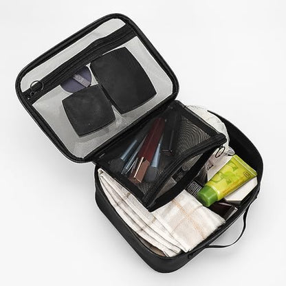 TSA Approved Toiletry Bag, Clear Makeup Bags with Multi Layer Mesh Pockets, Portable Large Capacity PVC Cosmetic Bags with Zipper for Travel Essentials - size: M