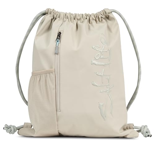 Salt Life Drawstring Backpack for Men and Women - Small Draw String Cinch Gym Bag with Water Bottle Pocket and Zipper Pocket - color: Beige