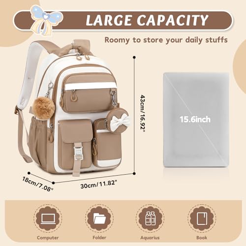 MUSEVOS Kids Teenage Girls Backpack, Elementary/Middle/High Schoolbag, Multi-Compartment Water-resistant Cute Bookbag, 17inch - color: Khaki-white