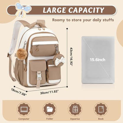 MUSEVOS Kids Teenage Girls Backpack, Elementary/Middle/High Schoolbag, Multi-Compartment Water-resistant Cute Bookbag, 17inch - color: Khaki-white