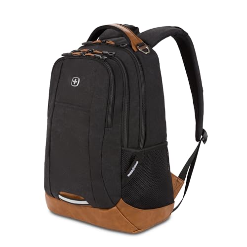 SWISSGEAR Cecil Laptop Backpack, Fits Most 16-Inch Laptops, Three-Compartment Design, Airflow Back Panel, Black, 27.3L, 18-Inch - color: Black Canvas/Brown