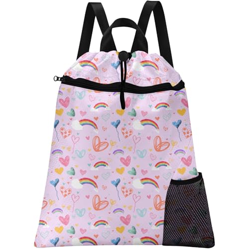 Pink Rainbow Drawstring Backpack, 15” x 17” Waterproof Swim Bag for Beach Swimming Pool, Lightweight Foldable Gym Bag with Water Bottle Holder for Sports Travel - color: Pink Rainbow