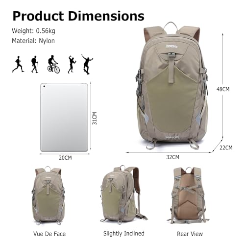 35L Hiking Backpack Waterproof Rucksack Large Lightweight Daypack with Reflective Strip Durable Nylon Backpack for Women Men Camping Climbing Travel Outdoor Sports Khaki - color: Khaki