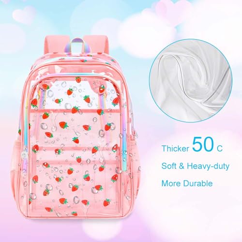 gxtvo 3PCS Clear Backpack for Girls Heavy-Duty Set for Women & Teen, 17" Pink Transparent Bookbag with Rainbow Strap, Cute Strawberry See Through School Bag - color: Pink Strawberry Clear Backpack Set