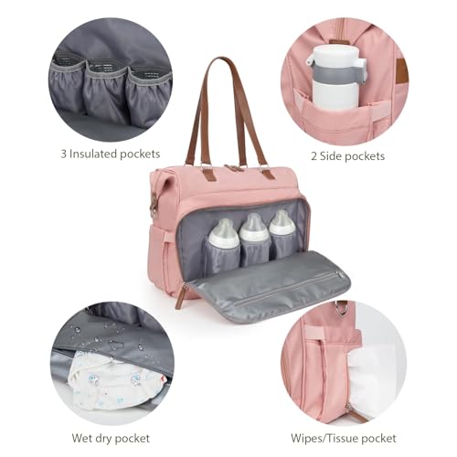 Mom‘s Diaper Bag 4 in 1 Diaper Baby Tote, Hospital Bag for Labor & Delivery, Large Waterproof Baby Travel Weekender with 3 Insulated Pockets, Pink - color: Pink M