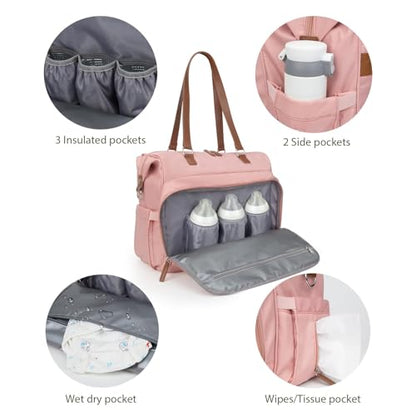 Mom‘s Diaper Bag 4 in 1 Diaper Baby Tote, Hospital Bag for Labor & Delivery, Large Waterproof Baby Travel Weekender with 3 Insulated Pockets, Pink - color: Pink M