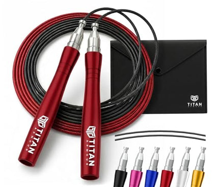 Titan Armour® Speed Rope - Professional Self-Locking & Adjustable, Adult Speed Jump Ropes for Fitness | 2 x Steel Ropes, Cable Protector & Travel Case | Jump Rope Crossfit, Boxing, Fitness MMA for Men & Women - color: Red