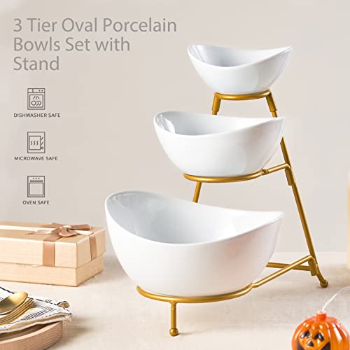 LYEOBOH 3 Tier Serving Bowls Set Tiered Serving Stand, Porcelain Oval Bowls with Collapsible Metal Stand for Entertaining, Party, Dessert Display, Candy, Chip and Dip (Gold)-45oz / 17.5oz / 7oz - color: Gold, style: Oval bowls